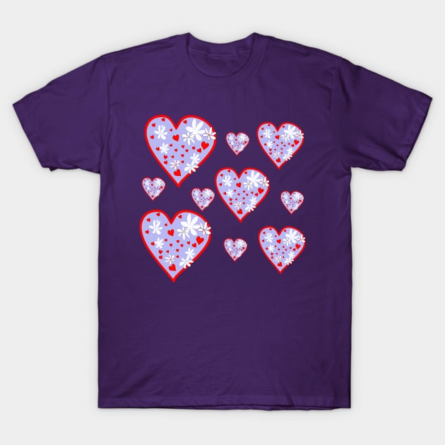 Purple Flower Heart Pattern T-Shirt by designs-by-ann